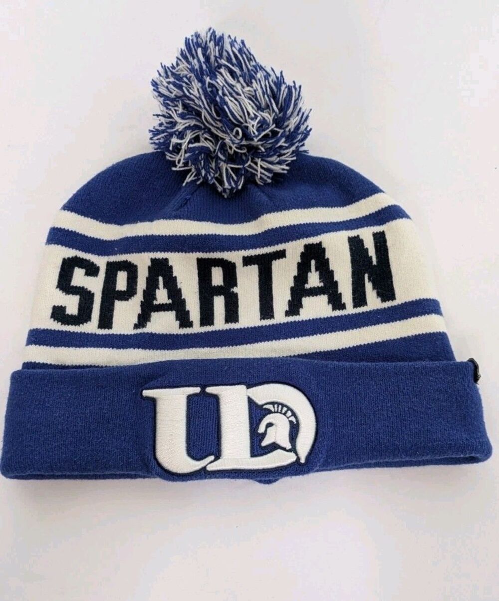 Vintage UD Spartans Blue White Knit Pom Beanie Hat Cap University of Dubuque